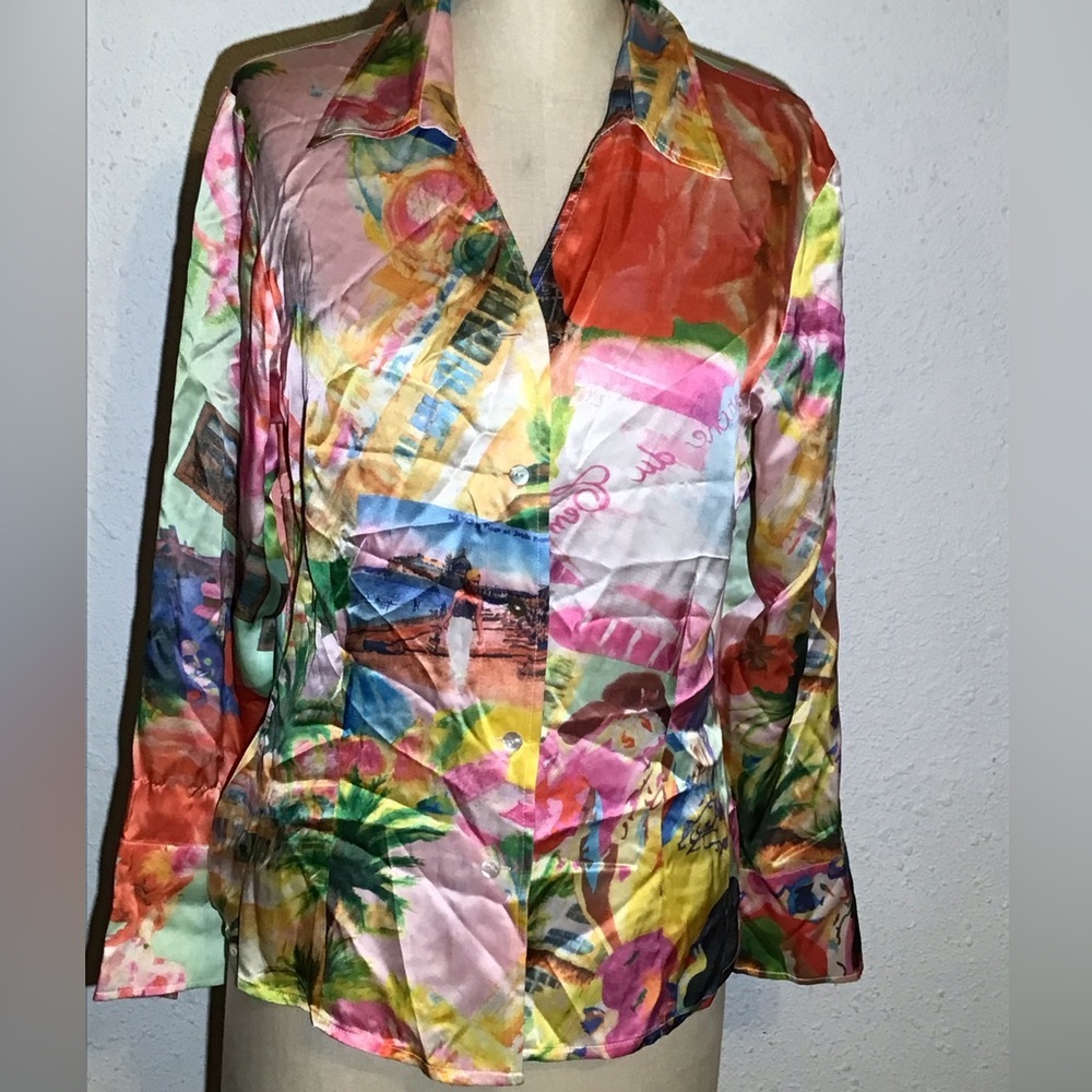 100% Silk colorful vacation Beach Blouse button up blouse size medium